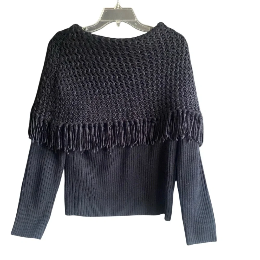 Bethany Long Sleeve Black Ribbed Sweater with Poncho Fringe. Size Large